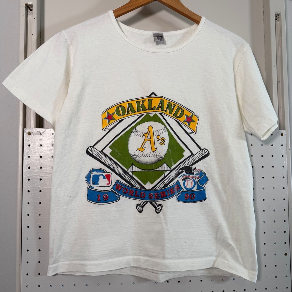 Vintage 1990 Oakland Athletics MLB World Series Oneita T-Shirt White Graphic - M